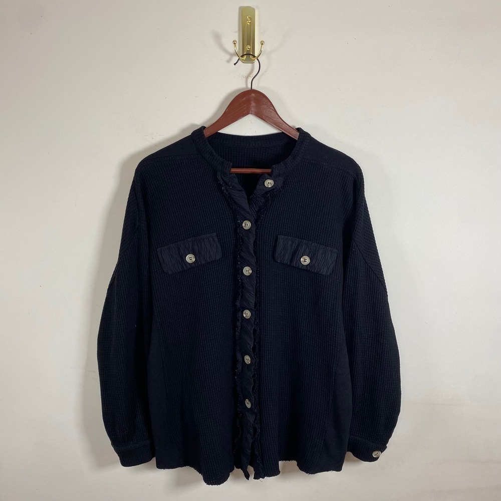 Waffle Knit Black Womens Shacket Button Up Shirt Cozy Casual Lightweight Jacket